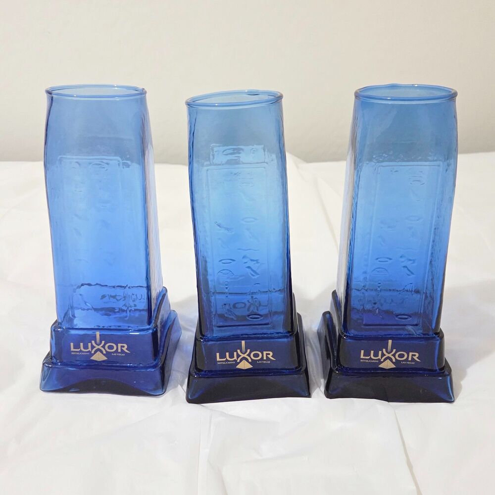 Las Vegas Luxor Cobalt Blue Egyptian Obelisk Glass Vase Set of 3 Vintage